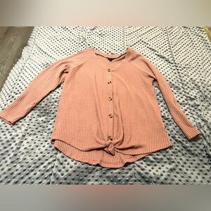 Torrid 0x Womens XL Pink Mauve Waffle Knit Long Sleeve Buttons Tie Front Shirt